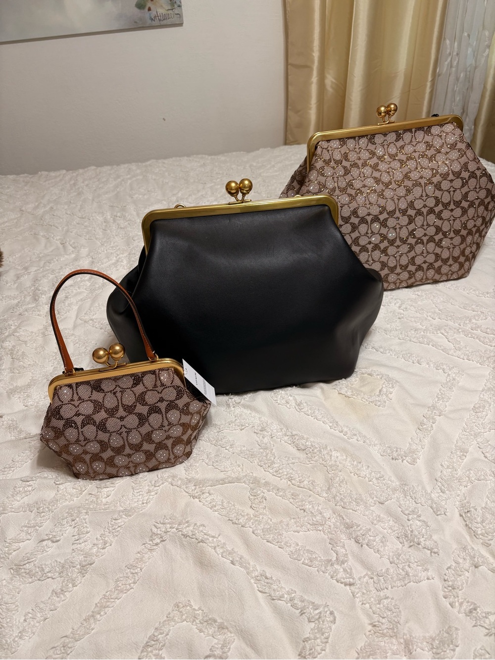 Small Coach Brown Signature Rhinestone Jacquard Kisslock Frame Bag - Picture 4 of 5